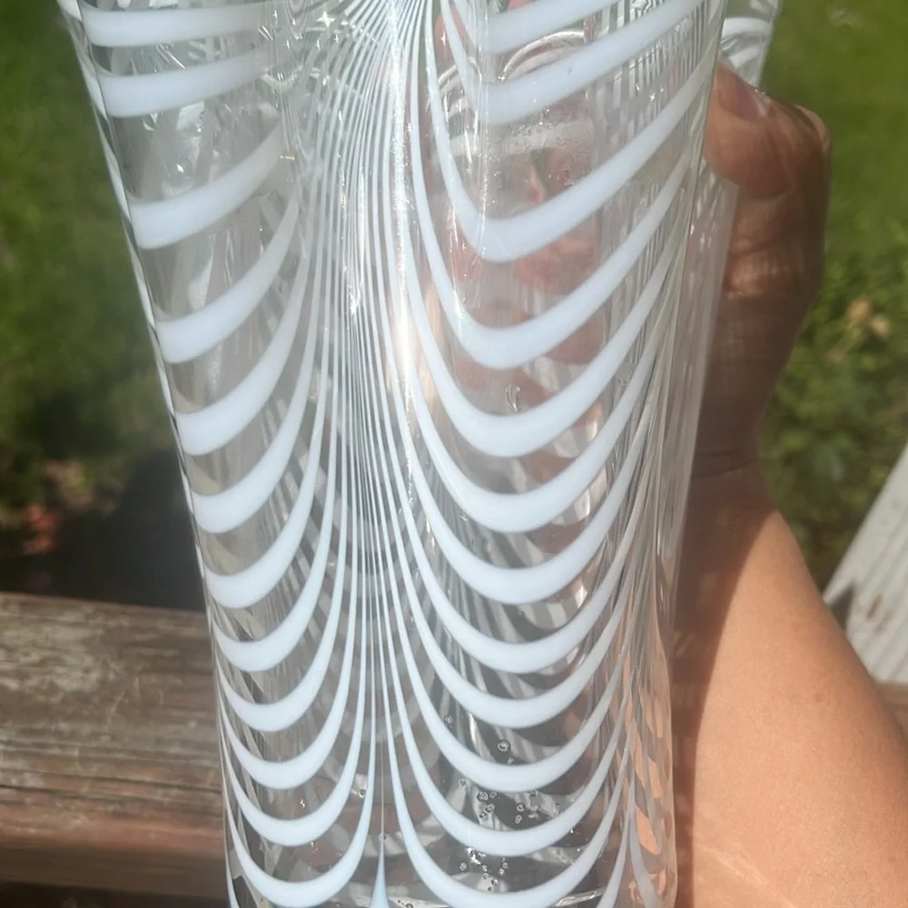 GLASS VASE HANDKERCHIEF SCALLOPED WHITE STRIPES 9” tall